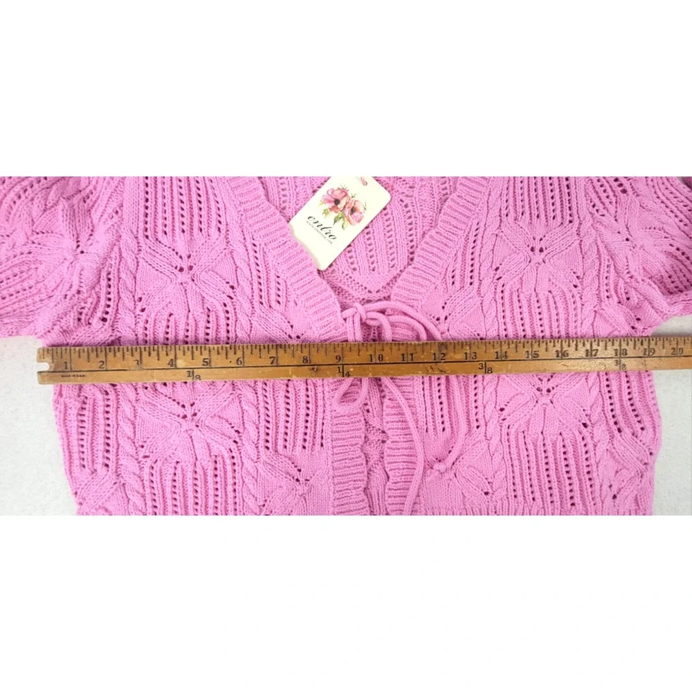 Entro Pink Crochet Bell Sleeve Cardigan Tie Front Boho L NWT